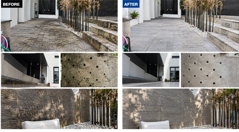 St. Regis Hotel courtyard and exterior walls before and after restoration